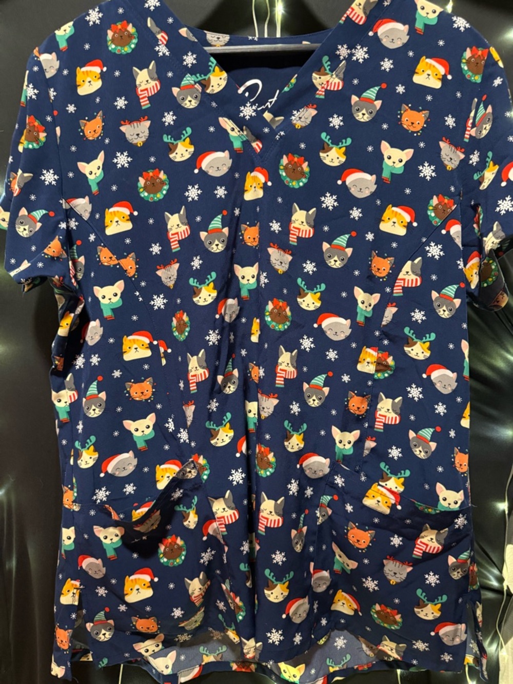 58. Pre loved Holiday Cat & Dog Print Scrub Top - Navy